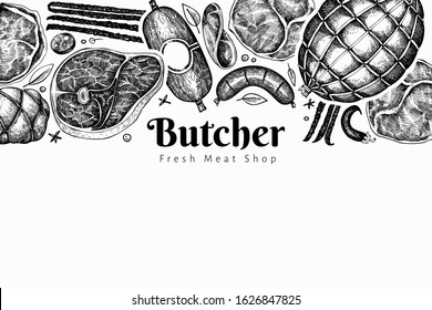 Vintage vector meat products design template. Hand drawn ham, sausages, jamon, spices and herbs. Raw food ingredients. Retro illustration. Can be use for restaurant menu.