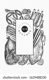 Vintage vector meat products design template. Hand drawn ham, sausages, jamon, spices and herbs. Raw food ingredients. Retro illustration. Can be use for restaurant menu.