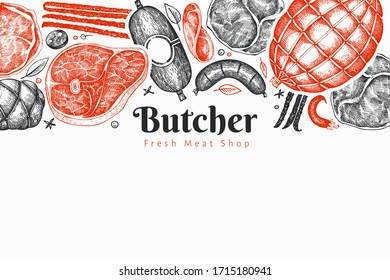 Vintage vector meat products design template. Hand drawn ham, sausages, jamon, spices and herbs. Retro illustration. Can be use for restaurant menu.