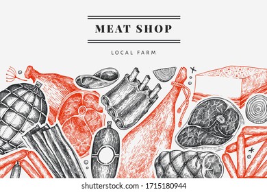 Vintage vector meat products design template. Hand drawn ham, sausages, jamon, spices and herbs. Retro illustration. Can be use for restaurant menu.