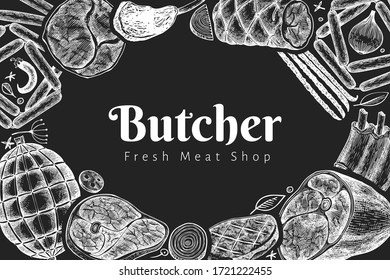 Vintage vector meat products design template. Hand drawn ham, sausages, jamon, spices and herbs. Retro illustration on chalk board. Can be use for restaurant menu.