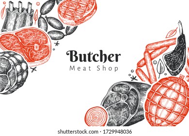 Vintage vector meat products design template. Hand drawn ham, sausages, jamon, spices and herbs. Raw food ingredients. Retro illustration. Can be use for restaurant menu.