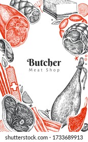 Vintage vector meat products design template. Hand drawn ham, sausages, jamon, spices and herbs. Raw food ingredients. Retro illustration. Can be use for restaurant menu.