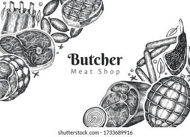 Vintage vector meat products design template. Hand drawn ham, sausages, jamon, spices and herbs. Raw food ingredients. Retro illustration. Can be use for restaurant menu.