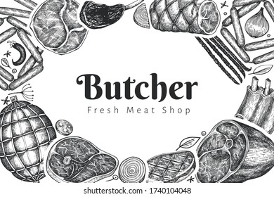 Vintage vector meat products design template. Hand drawn ham, sausages, jamon, spices and herbs. Raw food ingredients. Retro illustration. Can be use for restaurant menu.