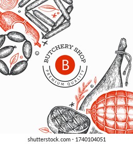 Vintage vector meat products design template. Hand drawn ham, sausages, jamon, spices and herbs. Raw food ingredients. Retro illustration. Can be use for restaurant menu.