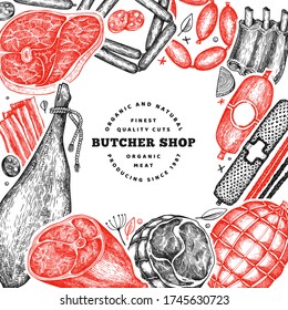 Vintage vector meat products design template. Hand drawn ham, sausages, jamon, spices and herbs. Raw food ingredients. Retro illustration. Can be use for restaurant menu.