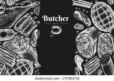 Vintage vector meat products design template. Hand drawn ham, sausages, jamon, spices and herbs. Retro illustration on chalk board. Can be use for restaurant menu.