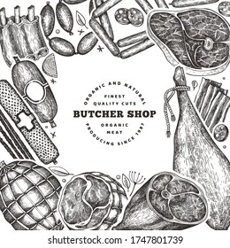 Vintage vector meat products design template. Hand drawn ham, sausages, jamon, spices and herbs. Raw food ingredients. Retro illustration. Can be use for restaurant menu.