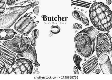 Vintage vector meat products design template. Hand drawn ham, sausages, jamon, spices and herbs. Raw food ingredients. Retro illustration. Can be use for restaurant menu.