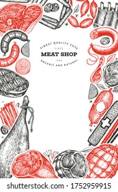 Vintage vector meat products design template. Hand drawn ham, sausages, jamon, spices and herbs. Raw food ingredients. Retro illustration. Can be use for restaurant menu.