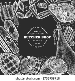 Vintage vector meat products design template. Hand drawn ham, sausages, jamon, spices and herbs. Retro illustration on chalk board. Can be use for restaurant menu.