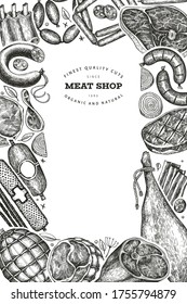 Vintage vector meat products design template. Hand drawn ham, sausages, jamon, spices and herbs. Raw food ingredients. Retro illustration. Can be use for restaurant menu.