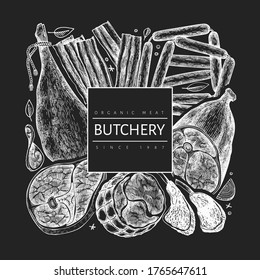 Vintage vector meat products design template. Hand drawn ham, sausages, jamon, spices and herbs. Retro illustration on chalk board. Can be use for restaurant menu.