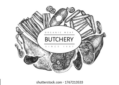 Vintage vector meat products design template. Hand drawn ham, sausages, jamon, spices and herbs. Raw food ingredients. Retro illustration. Can be use for restaurant menu.