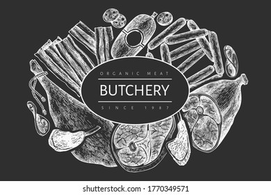 Vintage vector meat products design template. Hand drawn ham, sausages, jamon, spices and herbs. Retro illustration on chalk board. Can be use for restaurant menu.
