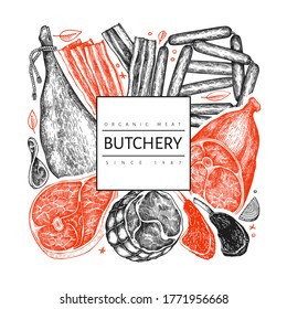 Vintage vector meat products design template. Hand drawn ham, sausages, jamon, spices and herbs. Raw food ingredients. Retro illustration. Can be use for restaurant menu.