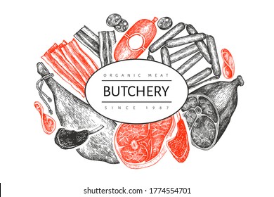 Vintage vector meat products design template. Hand drawn ham, sausages, jamon, spices and herbs. Raw food ingredients. Retro illustration. Can be use for restaurant menu.