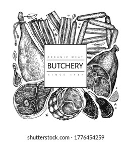 Vintage vector meat products design template. Hand drawn ham, sausages, spices and herbs. Raw food ingredients. Retro illustration. Can be use for restaurant menu.