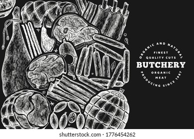 Vintage vector meat products design template. Hand drawn ham, sausages, jamon, spices and herbs. Retro illustration on chalk board. Can be use for restaurant menu.