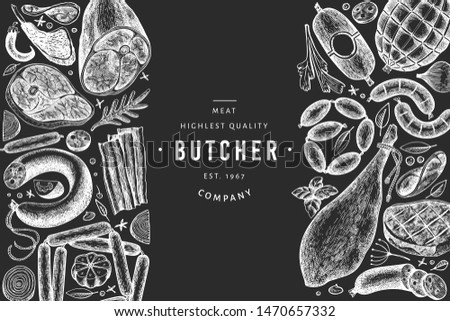 Vintage vector meat products design template. Hand drawn ham, sausages, jamon, spices and herbs. Raw food ingredients. Retro illustration on chalk board. Can be use for label, restaurant menu.