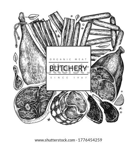 Vintage vector meat products design template. Hand drawn ham, sausages, spices and herbs. Raw food ingredients. Retro illustration. Can be use for restaurant menu.