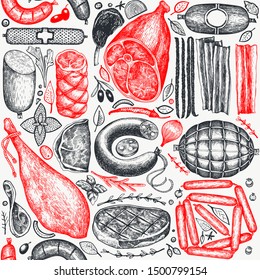 Vintage vector meat products seamless pattern. Hand drawn ham, sausages, jamon, steak, spices and herbs. Raw food ingredients. Retro illustration. Can be use for label, restaurant menu.