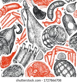 Vintage vector meat products seamless pattern. Hand drawn ham, sausages, jamon, steak, spices and herbs. Raw food ingredients. Retro illustration. Can be use for label, restaurant menu.