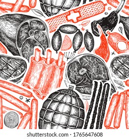 Vintage vector meat products seamless pattern. Hand drawn ham, sausages, jamon, steak, spices and herbs. Raw food ingredients. Retro illustration. Can be use for label, restaurant menu.