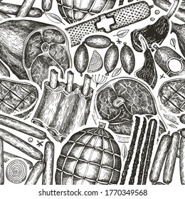 Vintage vector meat products seamless pattern. Hand drawn ham, sausages, jamon, steak, spices and herbs. Raw food ingredients. Retro illustration. Can be use for label, restaurant menu.
