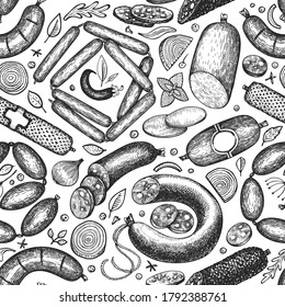 Vintage vector meat products seamless pattern. Hand drawn sausage, wurst and herbs background. Meat food retro illustrations