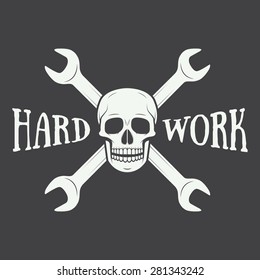 Vintage vector mechanic logo label with skull, wrench