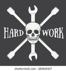 Vintage vector mechanic logo label with skull, wrench. Vector illustration