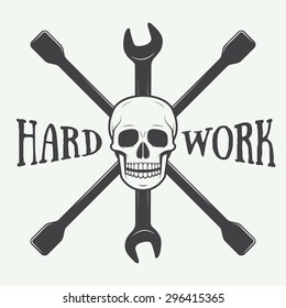 Vintage vector mechanic logo label with skull, wrench. Vector illustration
