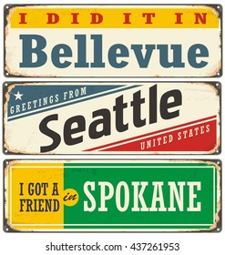 Vintage vector metal signs collection with USA cities. Travel souvenirs on grunge damaged background. Bellevue, Seattle and Spokane.