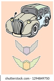 Vintage vector mini car with banner and label sticker.Hand drawn mini car pastel color.