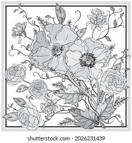 Vintage vector monochrome floral design. Illustration with red Poppies and roses, summer flowers. Floral design.
