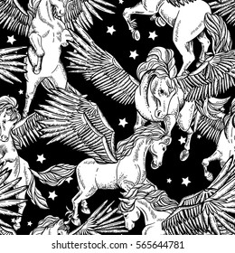 Vintage vector monochrome seamless pattern of white winged pegasus on black background, vintage vector design elements, greeting card