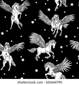 Vintage vector monochrome seamless pattern of white winged pegasus on black background, vintage vector design elements, greeting card