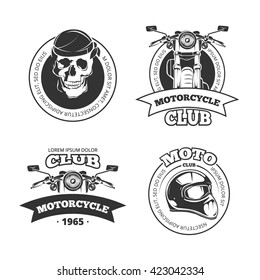 Vintage Vector Motorcycle Or Motorbike Club Logo Set. Chopper Helmet And Skull For Motorcycle Club