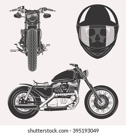 Vintage vector motorcycle set with skull in motorbike helmet front profile isolated on white background