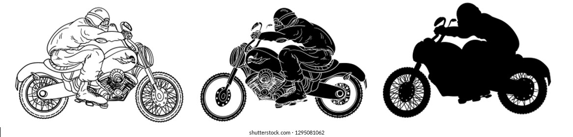 Vintage vector motorcycle.Biker in motorbike helmetwith with big bike chopper.