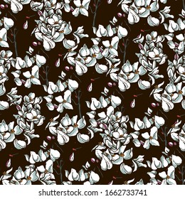 Vintage vector natural floral seamless pattern of blooming tiny white flowers.  Summer texture on black background