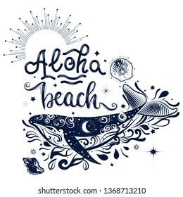 Vintage vector nautical badge with whale and hand drawn lettering phrase "aloha beach". Double exposure motifs and boho vibes.