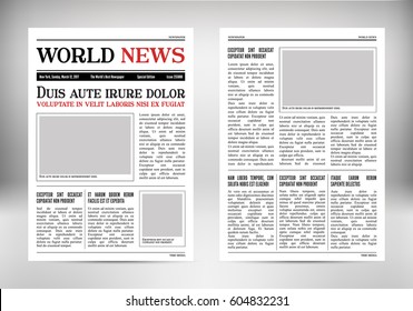 Vintage vector newspaper. Journal template. Old paper tabloid on newsprint. Reportage information. Vertical retro background with text and space for photos.