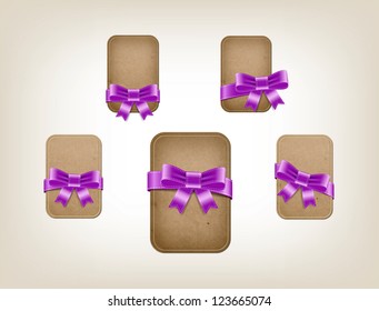 Vintage vector old paper cardboard banners decorated with silky ribbons and bows - purple