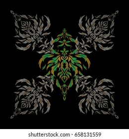 Vintage vector ornament. Abstract classic seamless pattern with green, gray and brown elements on a black background.