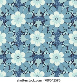 Vintage vector ornament in gray, blue tones. Use for wallpaper, printing on the packaging paper, textiles. Seamless floral pattern.