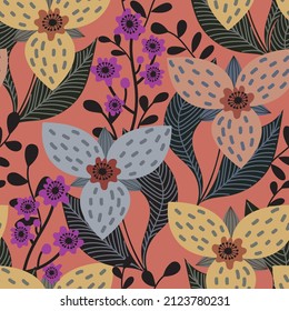 Vintage vector ornament with stylized lily flowers on a dust coral background. Flat design with plant elements. Illustrative style pattern for textiles, wrapping paper, surfaces.