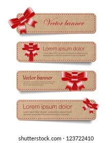 Vintage vector paper cardboard textured banners collection decorated with silky ribbon bows - red